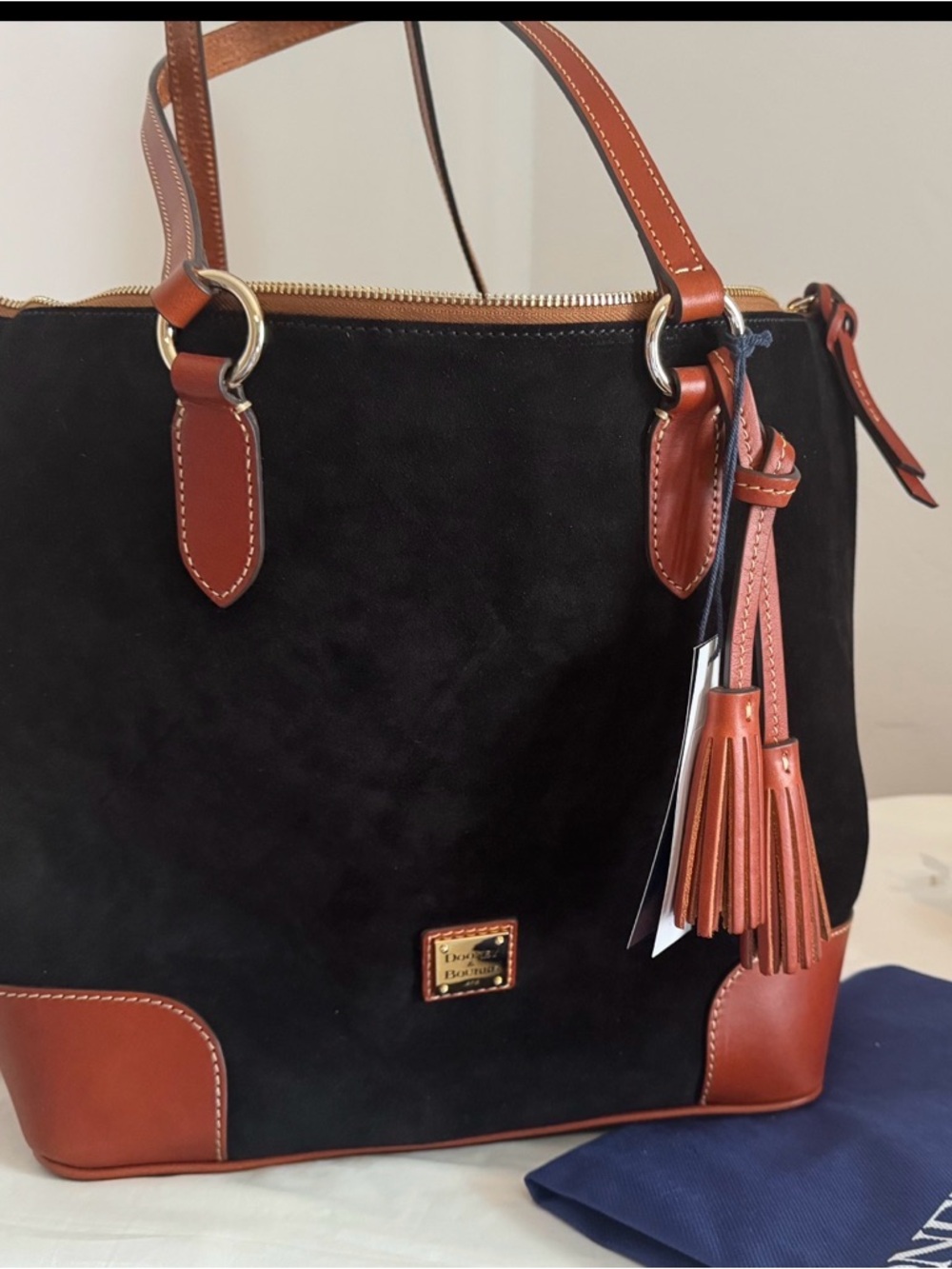 Dooney & Bourke Black Suede Tote with Brown Leather Trim and Tassel